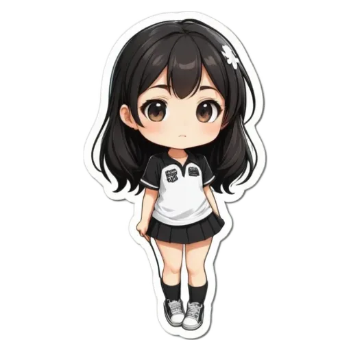 A girl with a white and black shirt with black lettering.