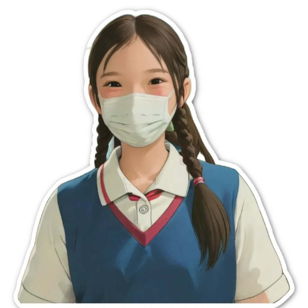 A girl wearing a face mask and braid her hair.