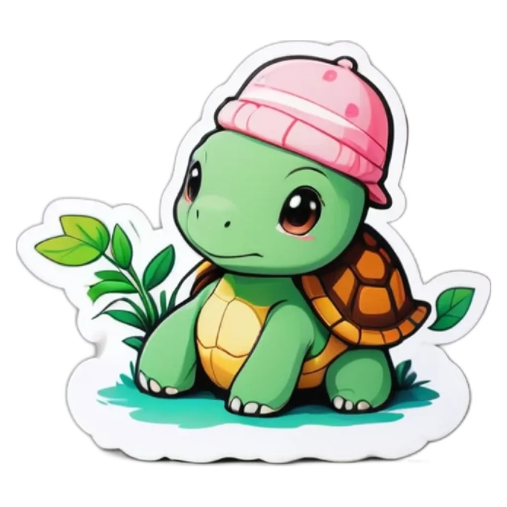 A green turtle with a pink hat is sitting on a leaf.