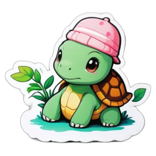 A green turtle with a pink hat is sitting on a leaf.