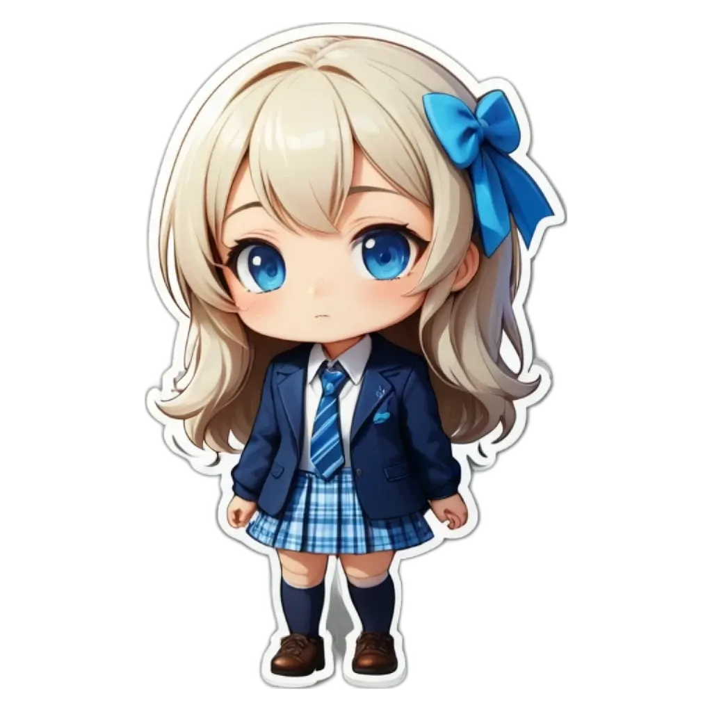 A girl with blue tie and plaid skirt in a sticker.