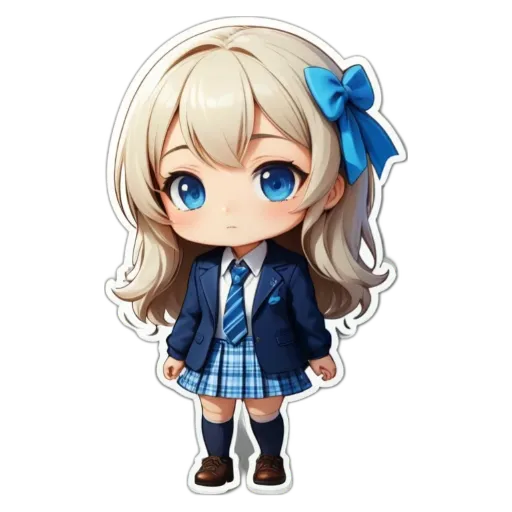 A girl with blue tie and plaid skirt in a sticker.