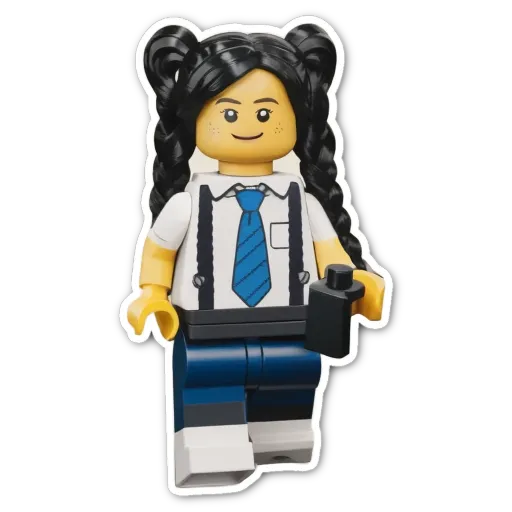 A lego girl with black hair tied in braids standing in front of a black background.