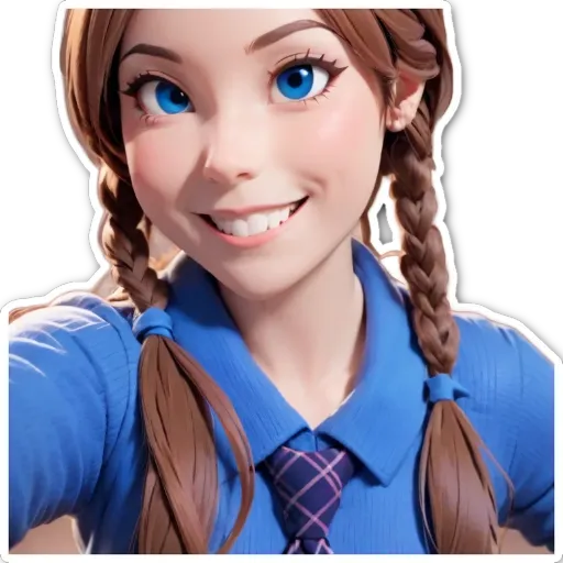 A girl with blue eyes and pigtails is wearing a blue shirt and tie.