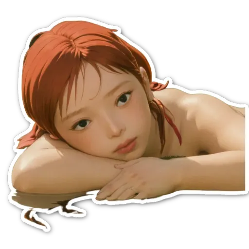 An orange haired girl is laying on her back with her hands on her face.