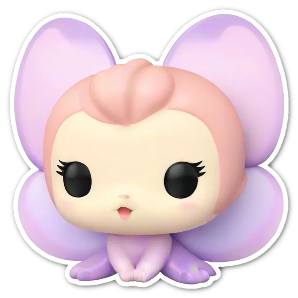 A sticker of a pop figure with a bow on it.