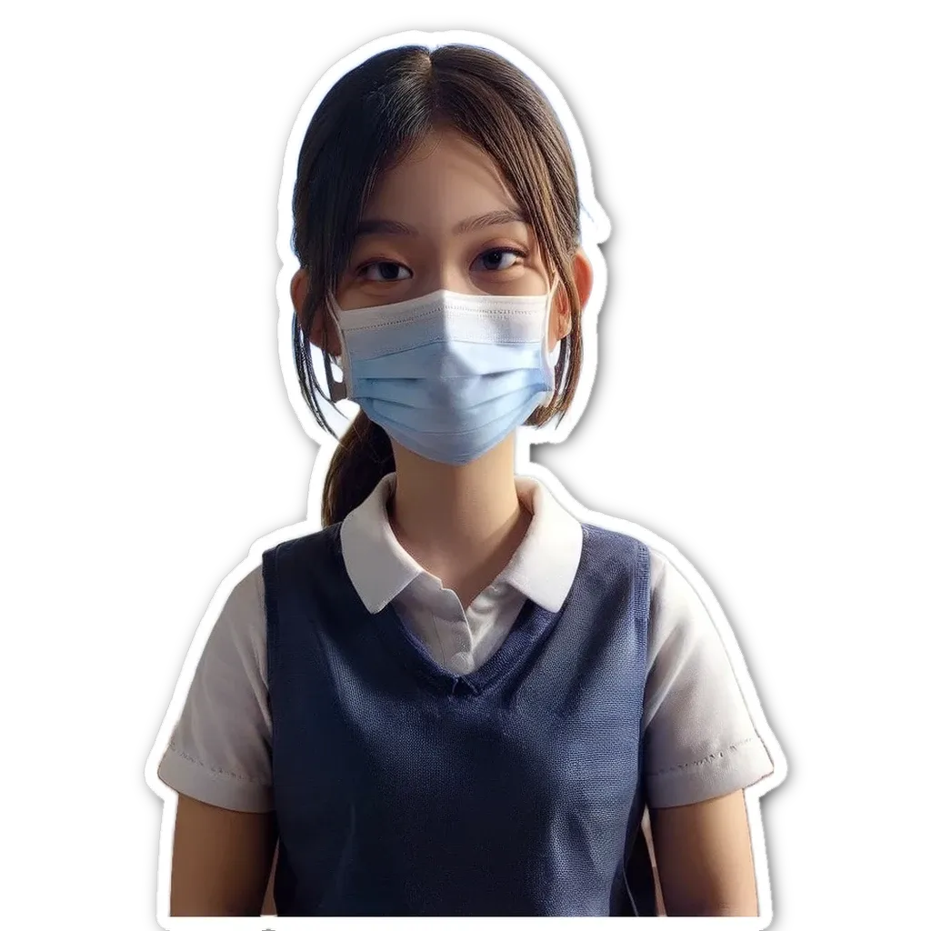 A young girl wearing a blue vest and a face mask.