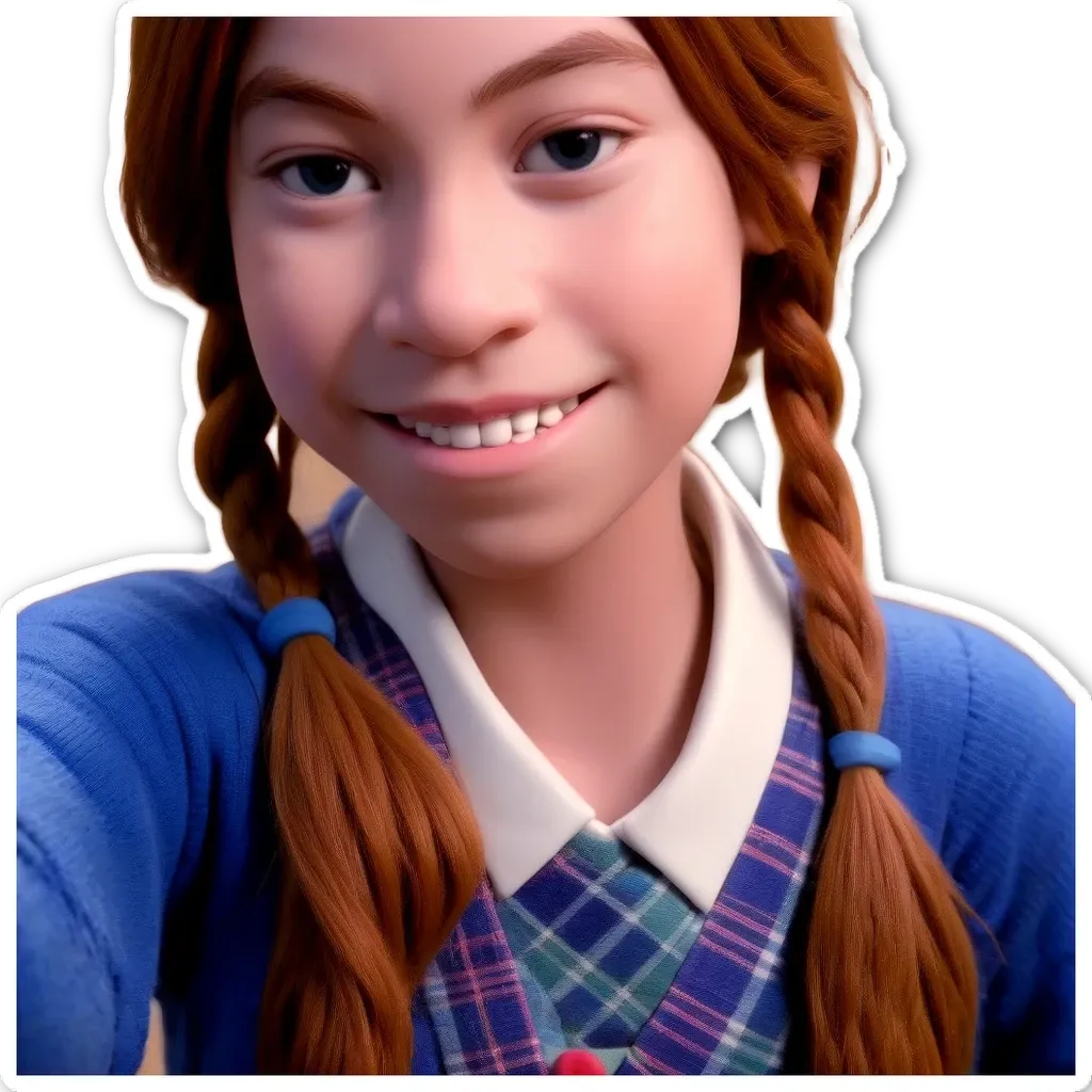 A girl with red hair and a blue sweater is wearing a blue plaid shirt and blue plaid hair bands.