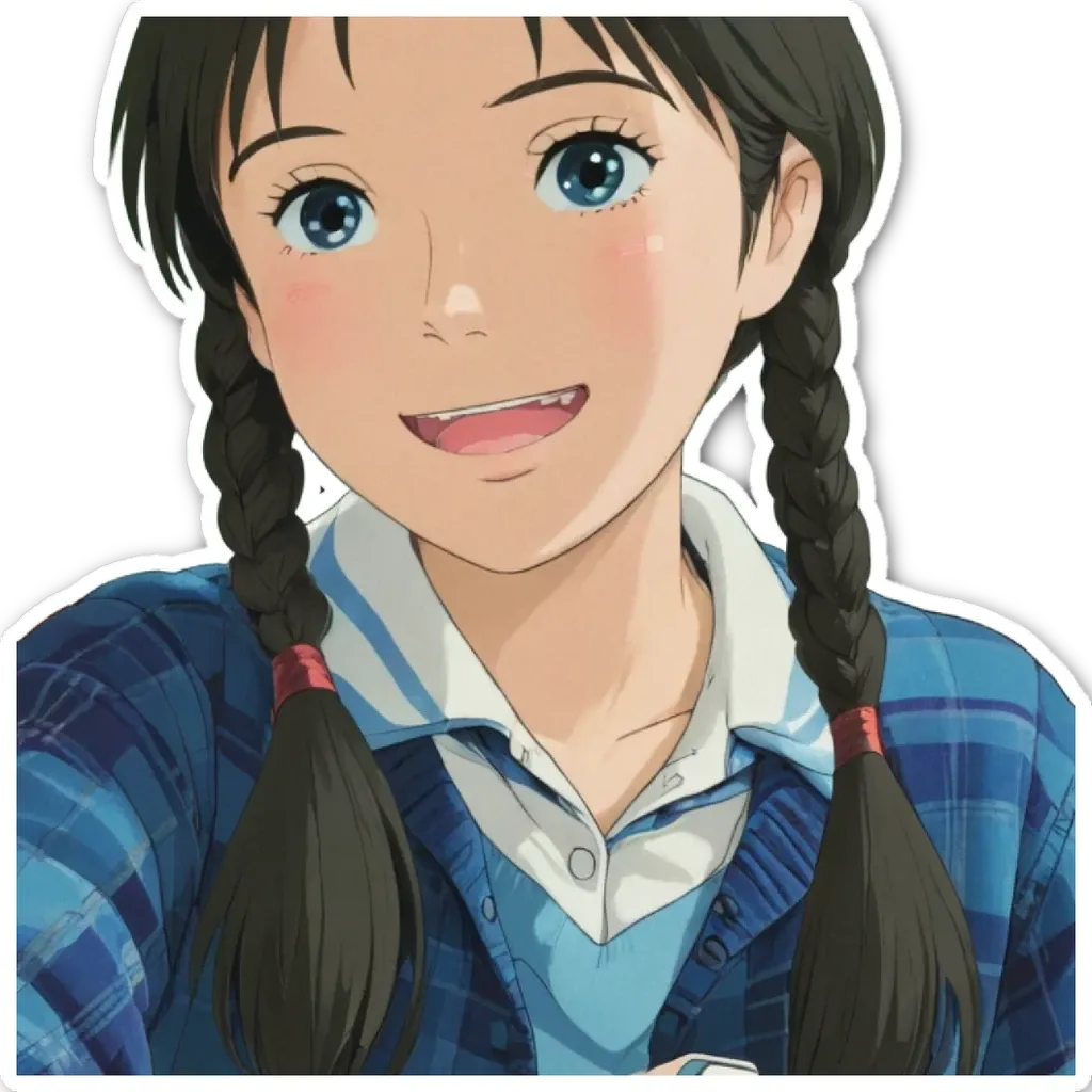 An anime girl with plaits wearing a blue sweater.