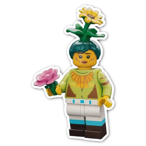 A lego person holding a flower is on a black background.