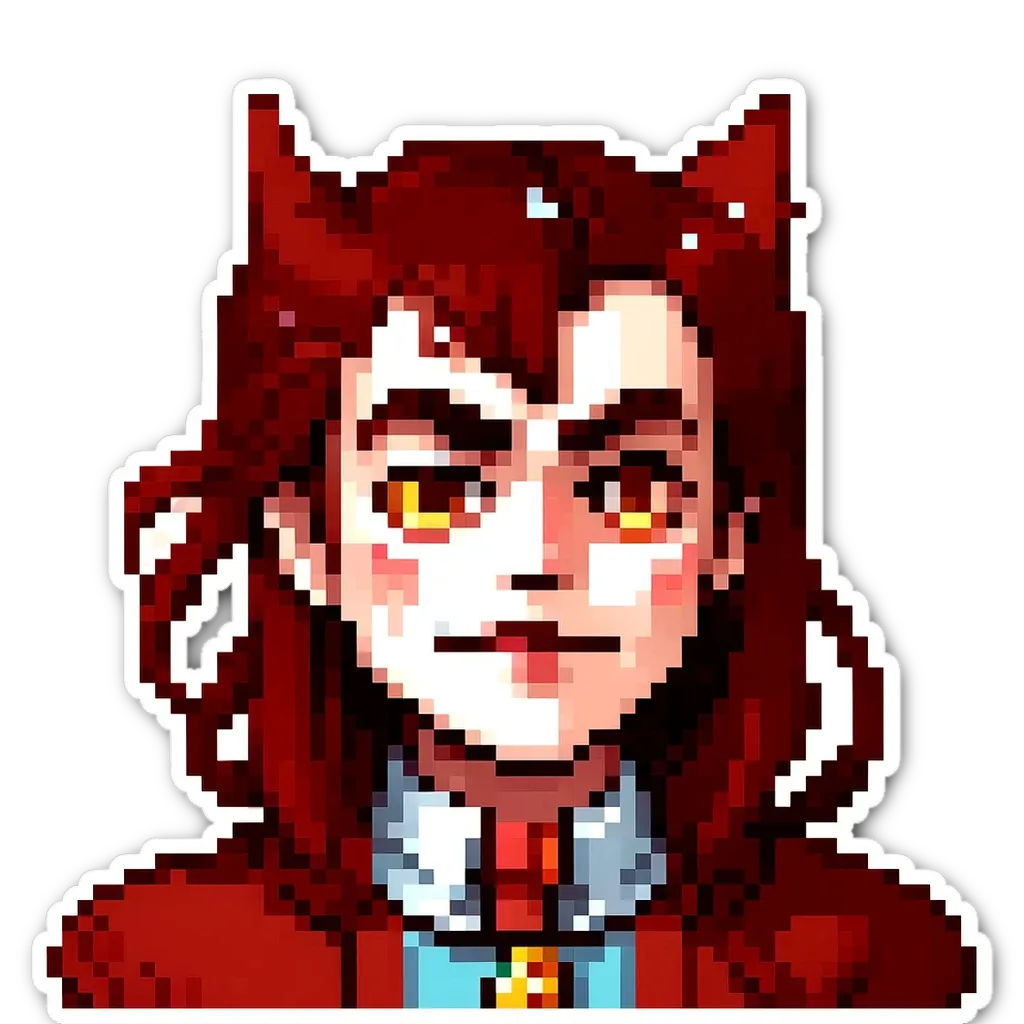 An art style of a pixelated red character with yellow eyes.