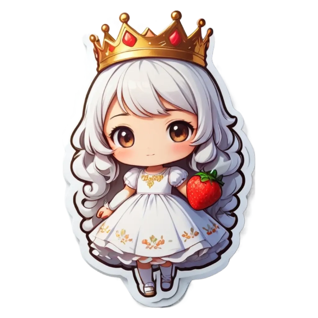 A girl with a crown and a sticker that has a strawberry on it.