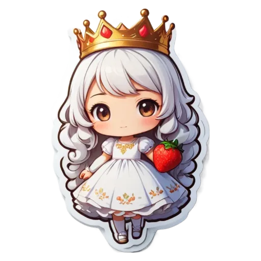 A girl with a crown and a sticker that has a strawberry on it.