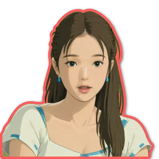 A cartoonish drawing of a girl wearing a white top and blue earrings.