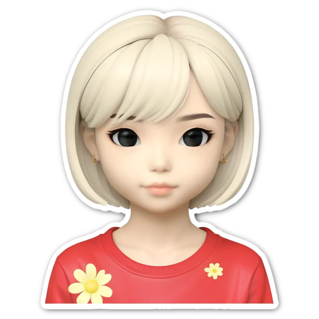 A sticker of a girl with short hair and red shirt.