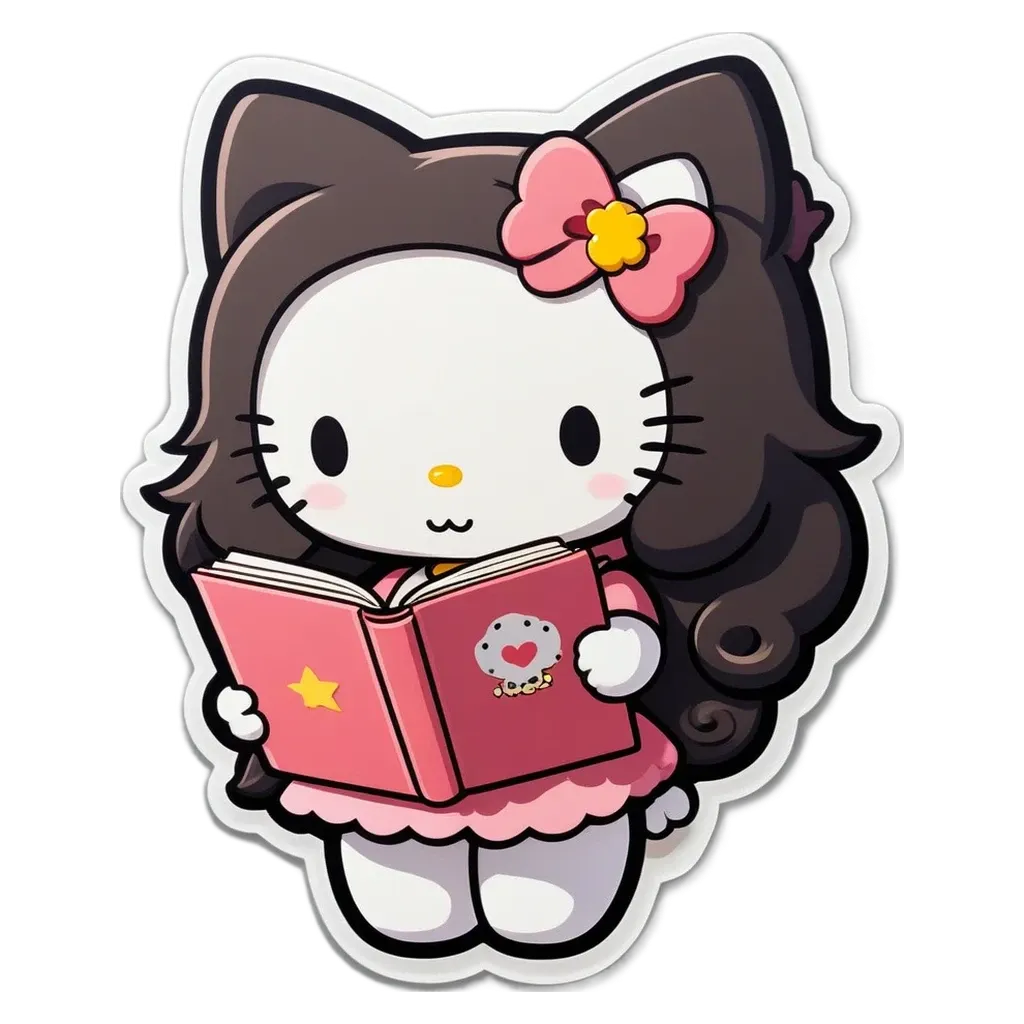 A Hello Kitty cat reading a book.