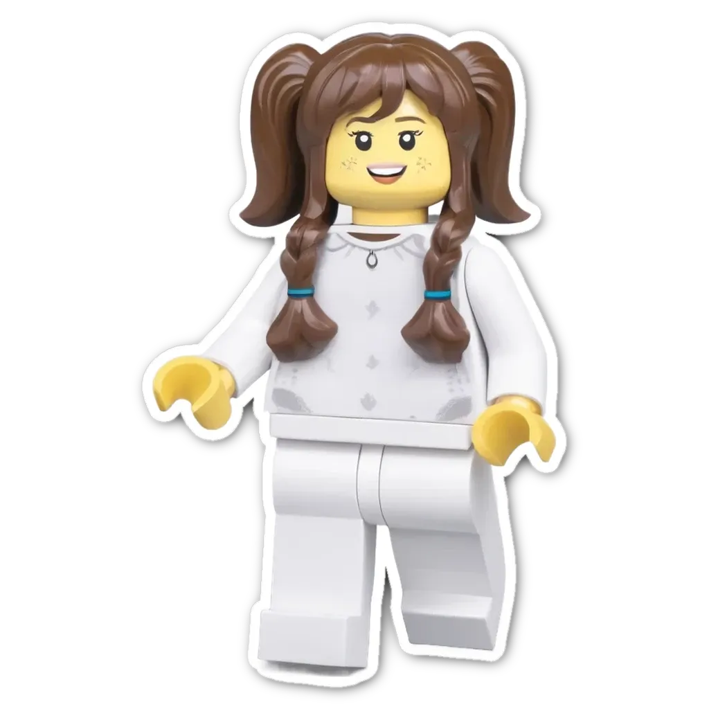 A white lego girl with blue braids standing in white lego.