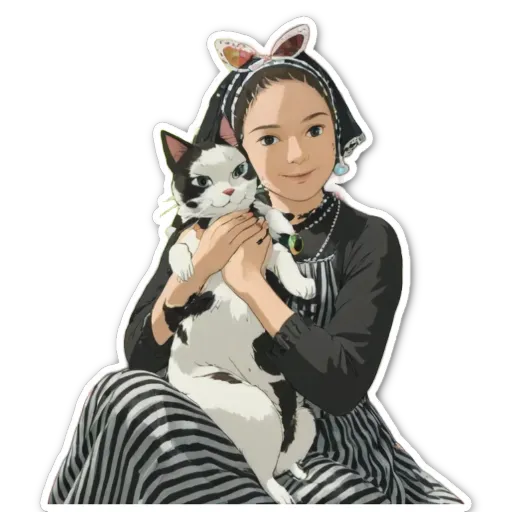 A woman holding a cat in a black and white dress.