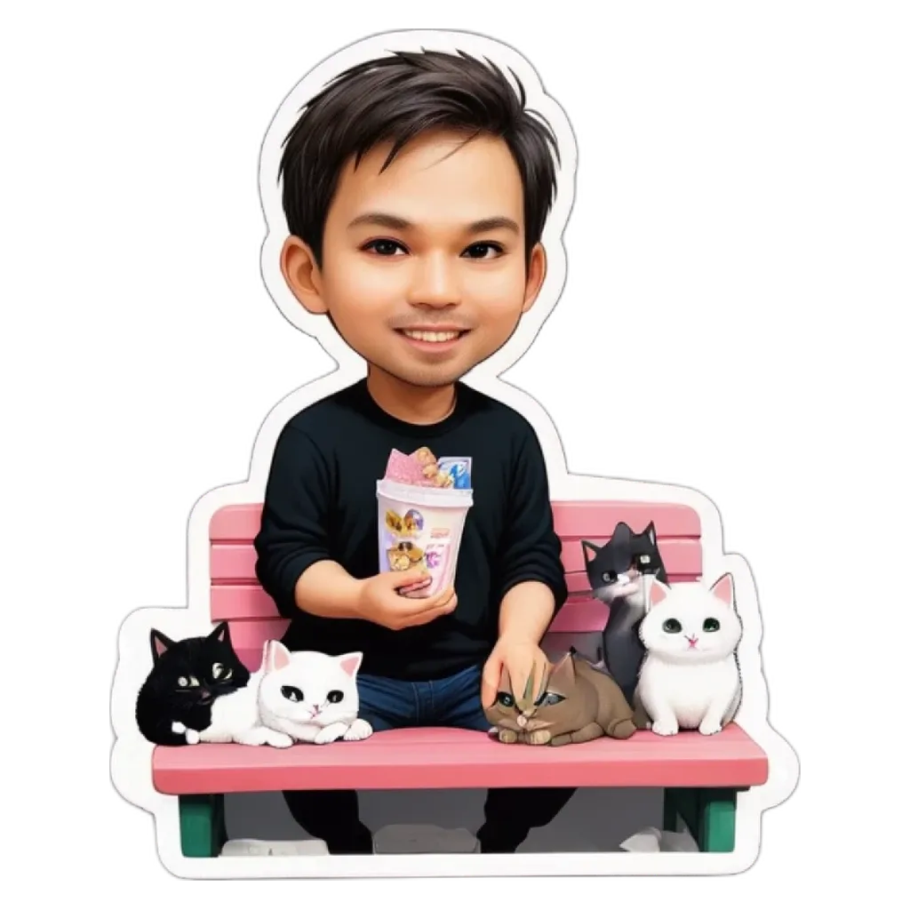 A cartoon depiction of a man with cats on his lap holding a drink.