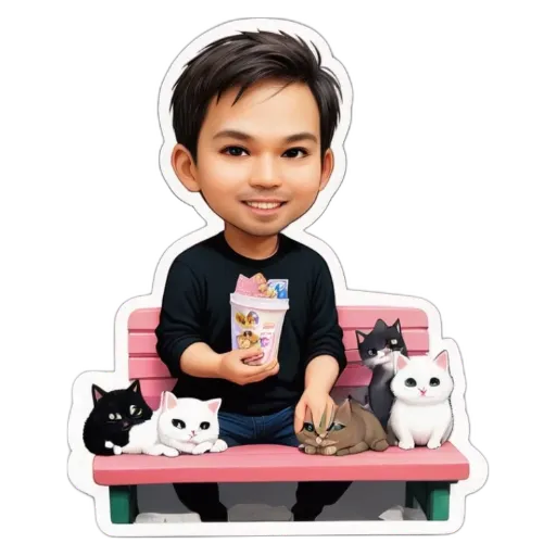 A cartoon depiction of a man with cats on his lap holding a drink.