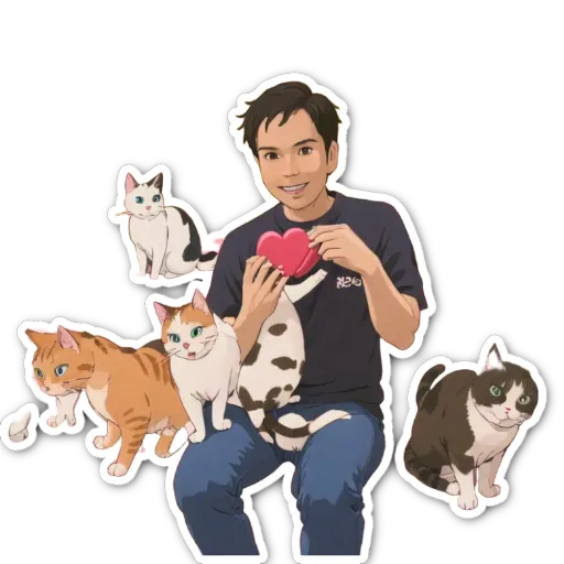 A man holding a heart is with cats and other cats.