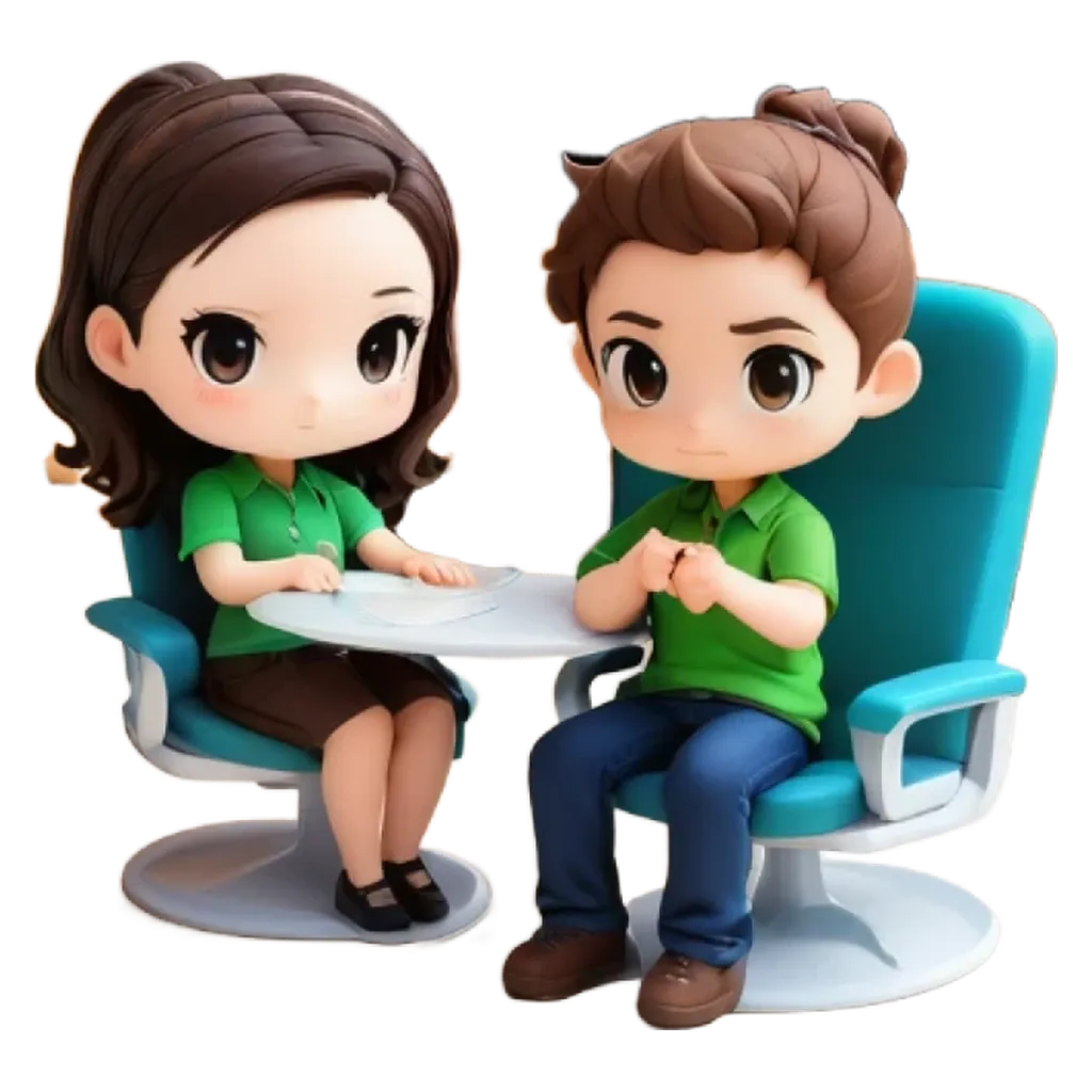 A woman and a man sitting at a table with a small cartoon like figure in front of them.