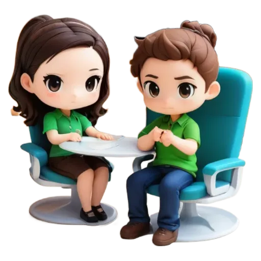 A woman and a man sitting at a table with a small cartoon like figure in front of them.