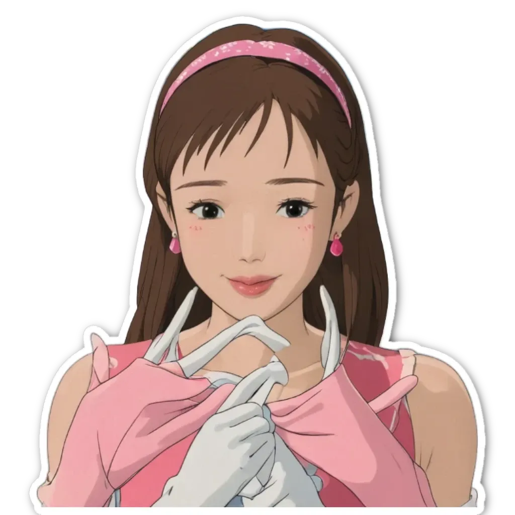 A sticker of a girl who has on gloves and a bow.