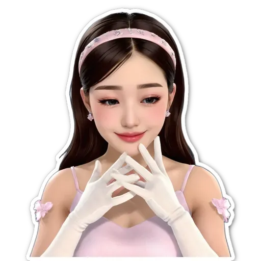 A girl with white gloves and a pink dress.