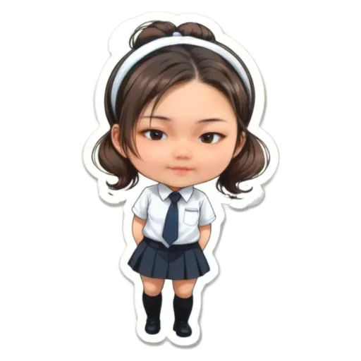 A girl wearing a white and blue school uniform.