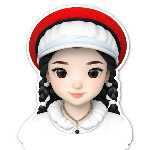 A sticker of a girl that is wearing a white hat and is facing the camera.