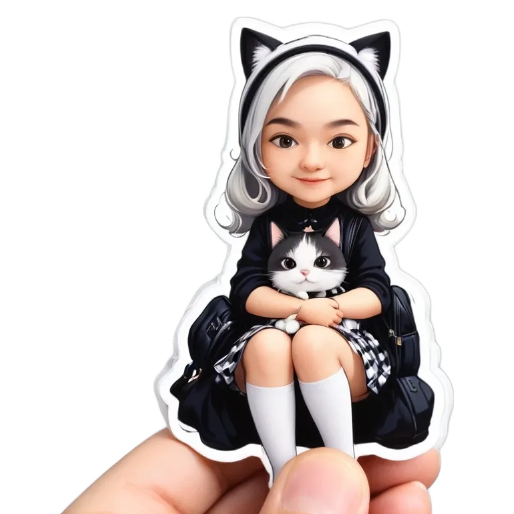 A cartoon girl with a cat that is sitting on her.