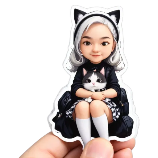 A cartoon girl with a cat that is sitting on her.