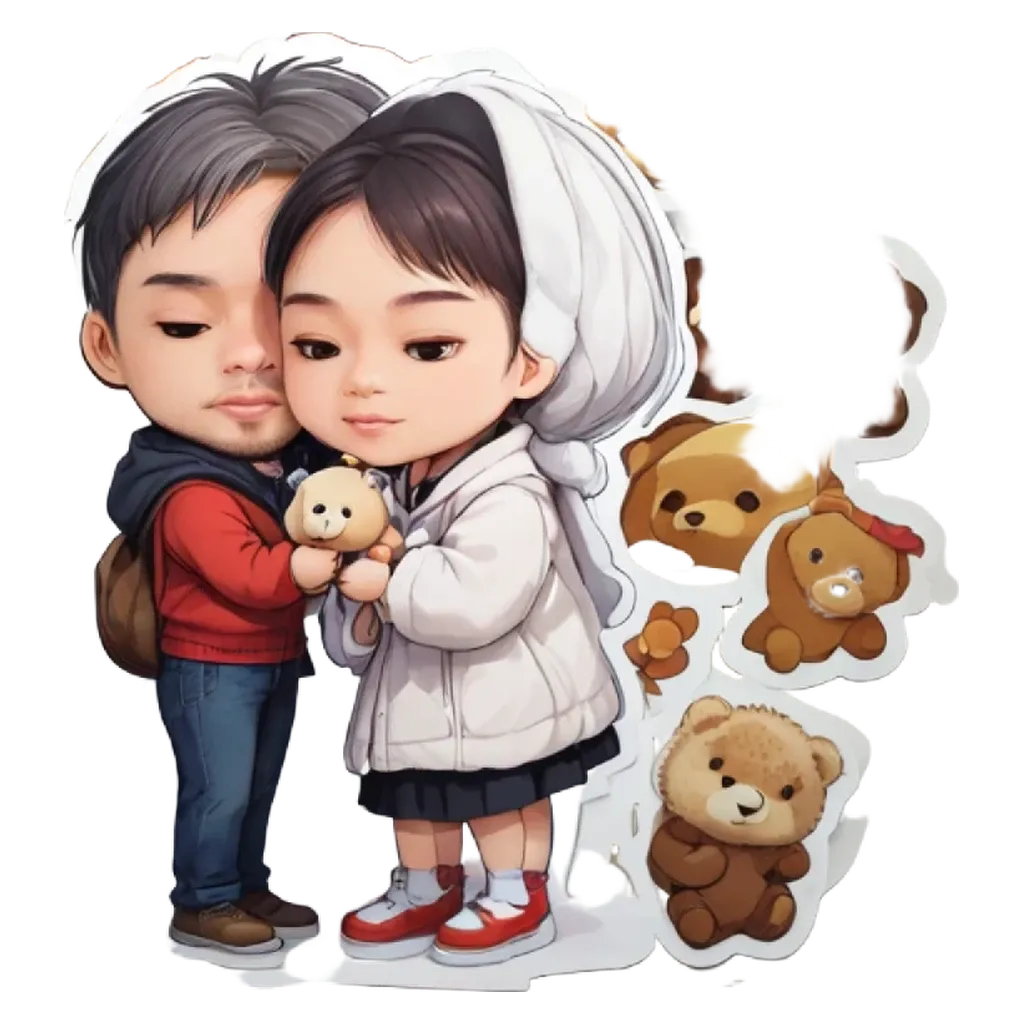 A girl and boy holding stuffed animals together.