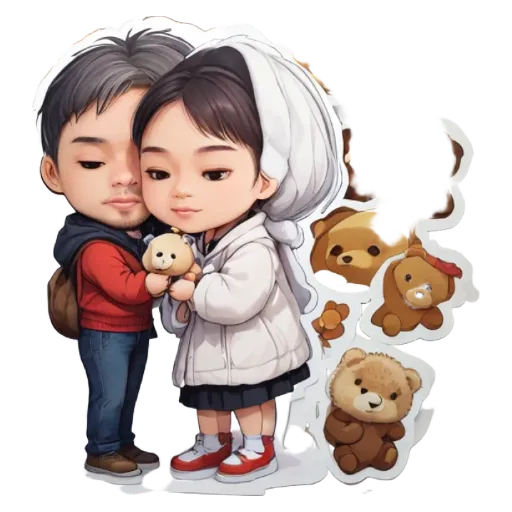 A girl and boy holding stuffed animals together.