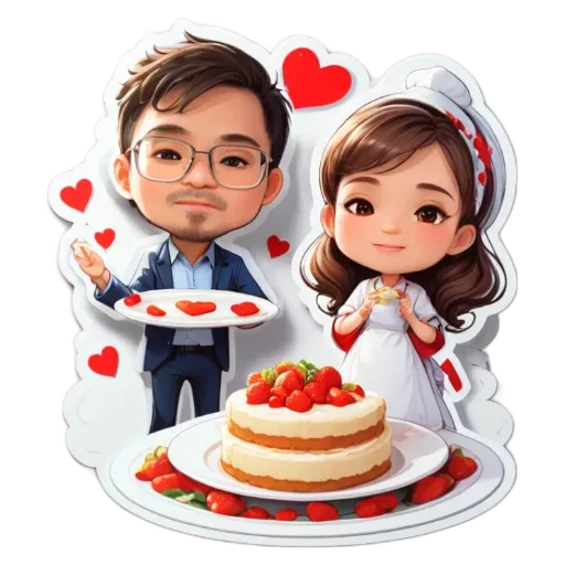 A cartoon picture of a man and woman holding a cake with hearts.