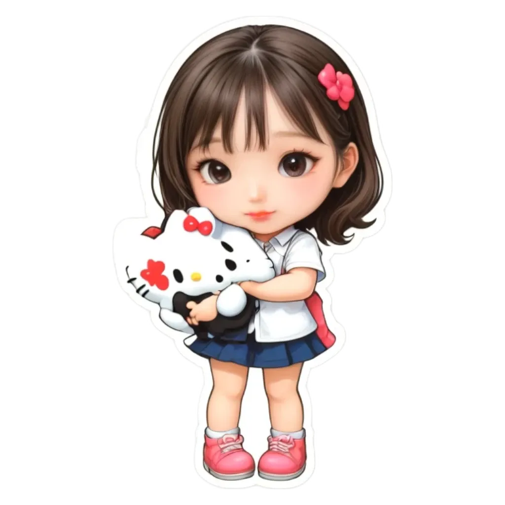 A Hello Kitty plushie that a girl is holding.