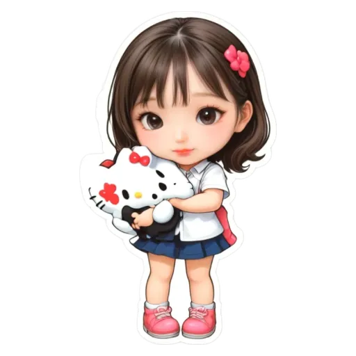 A Hello Kitty plushie that a girl is holding.