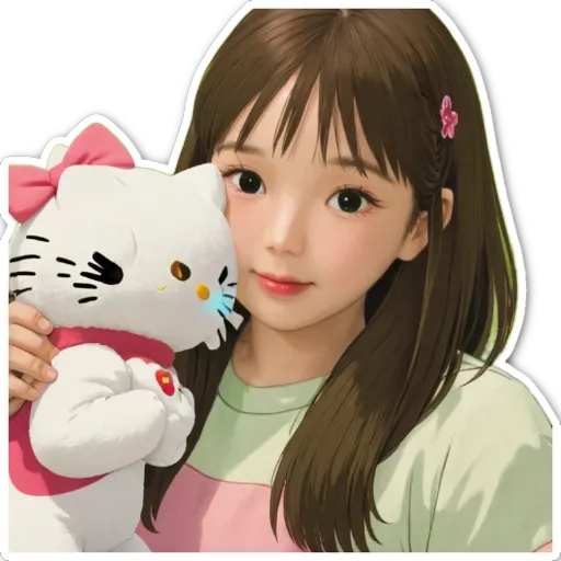 A girl holding a Hello Kitty stuffed animal.