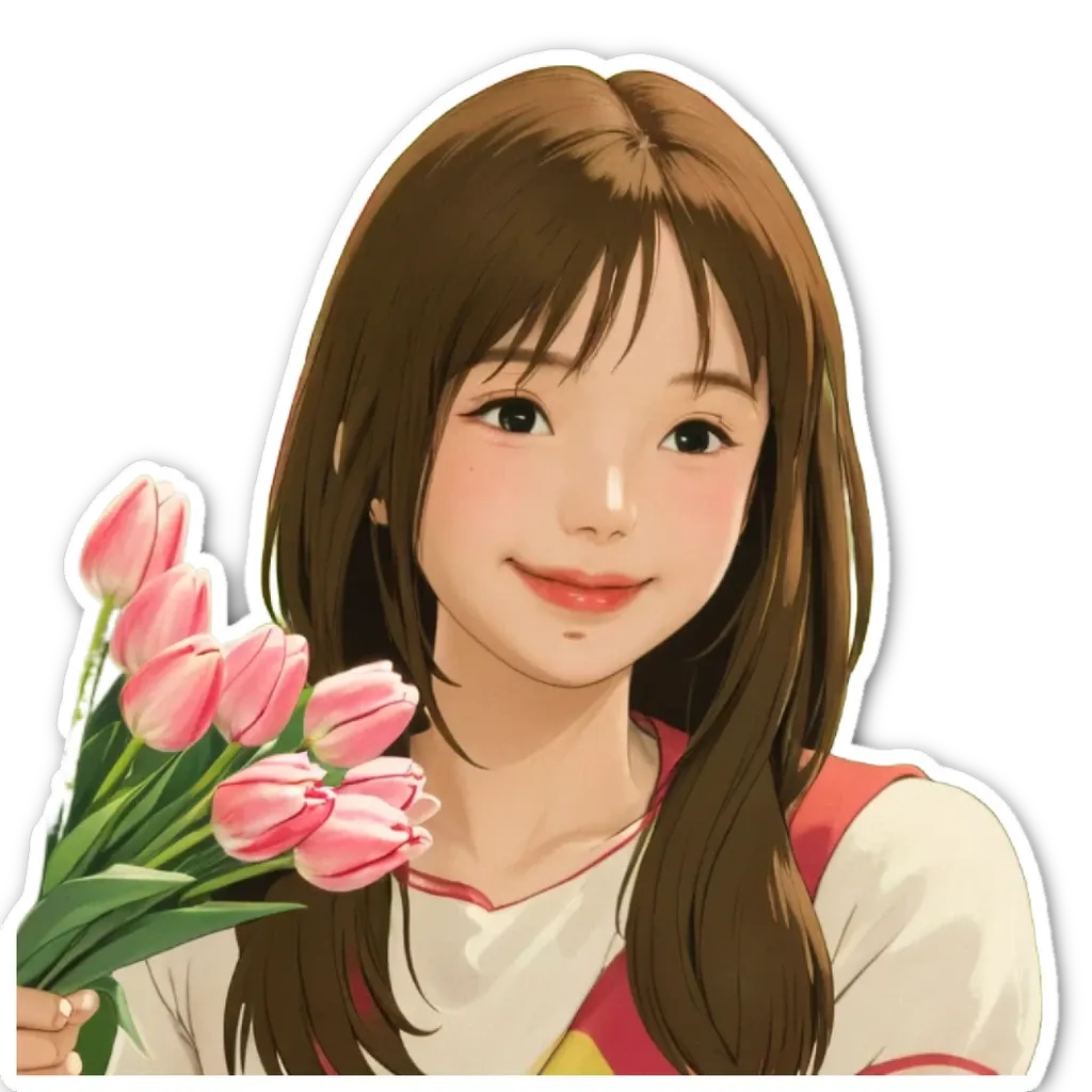 A girl holding tulips is depicted in a sticker.