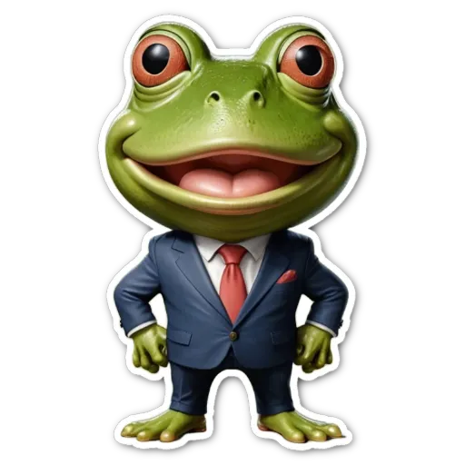 A cartoon frog in a blue suit standing up with red tie.