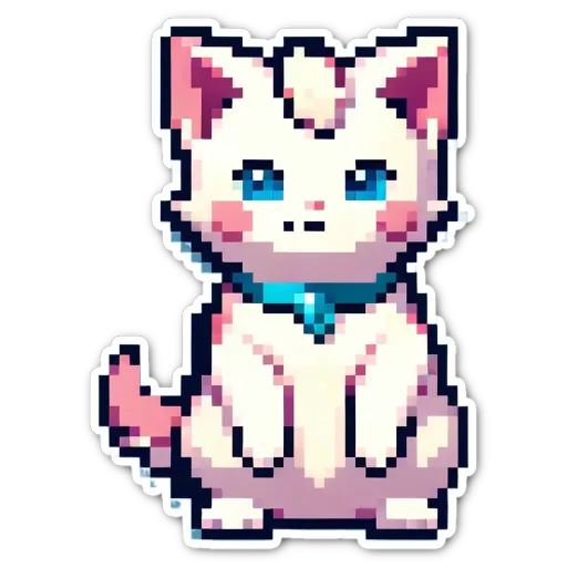 A kitten in pixel art is sitting on a black background.