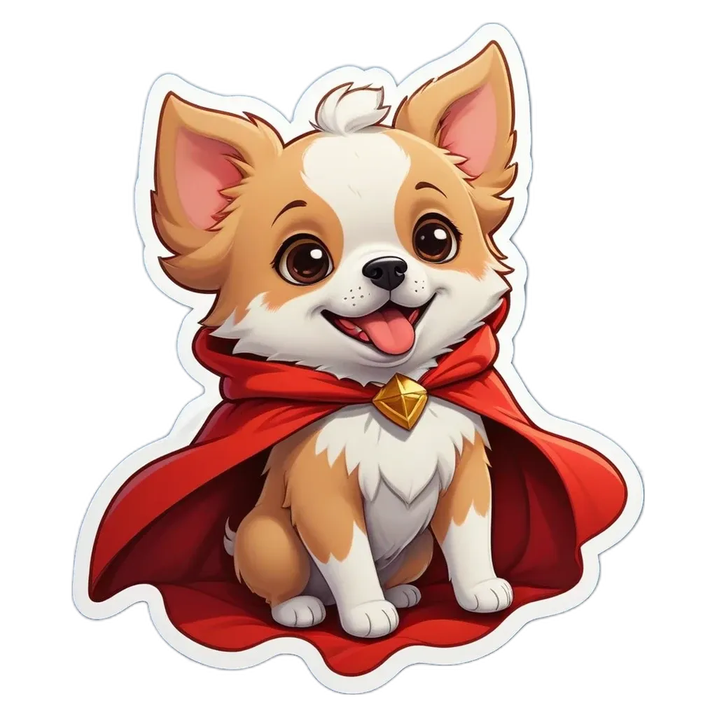 A cartoon dog that is wearing a cape and has a tongue sticking out.