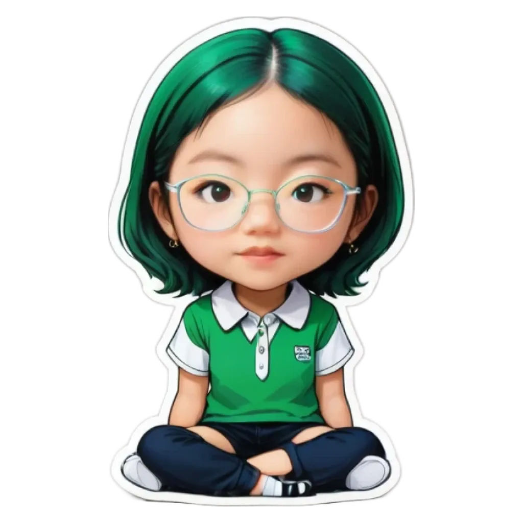 A green girl with glasses is sitting on the floor wearing a green shirt.