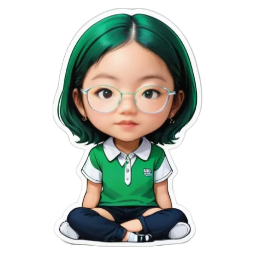 A green girl with glasses is sitting on the floor wearing a green shirt.