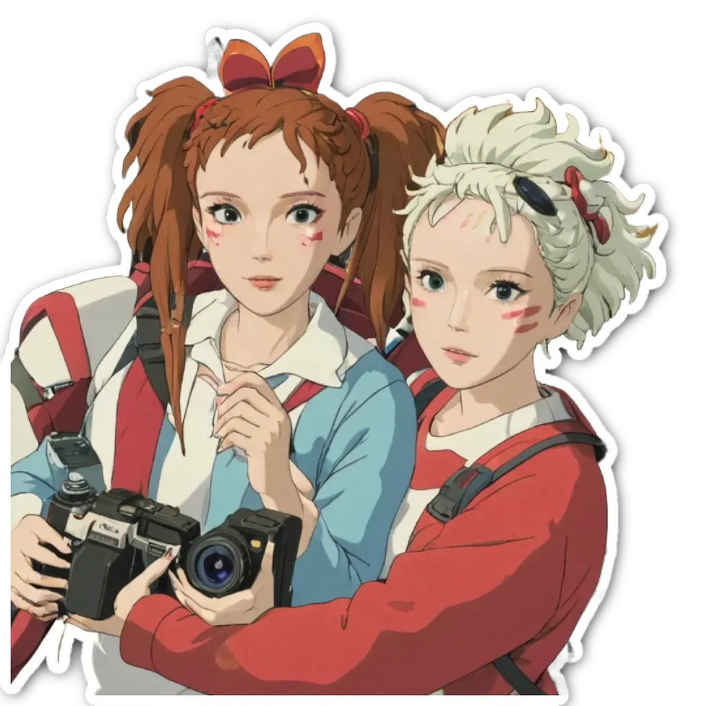 Two girls wearing bows in hair are holding a camera.