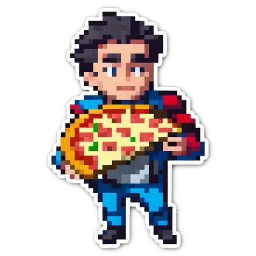 A man in a blue jeans holding a pizza slice.