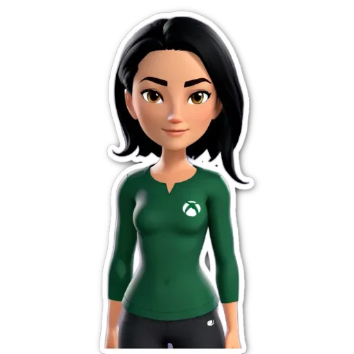 A green colored woman standing in front of a black background.