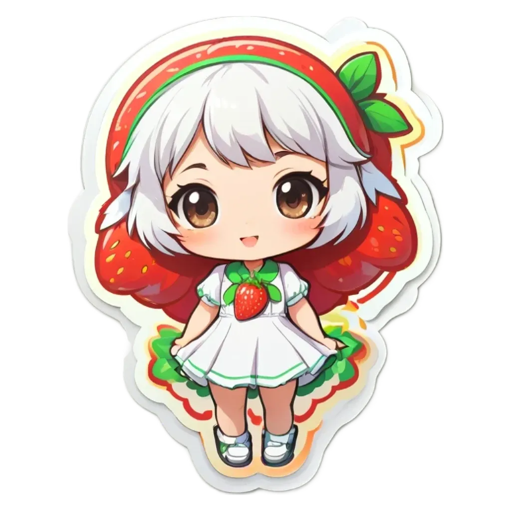 A girl with white hair and a white dress is standing in front of a strawberry.