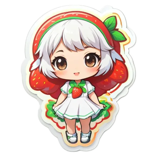 A girl with white hair and a white dress is standing in front of a strawberry.